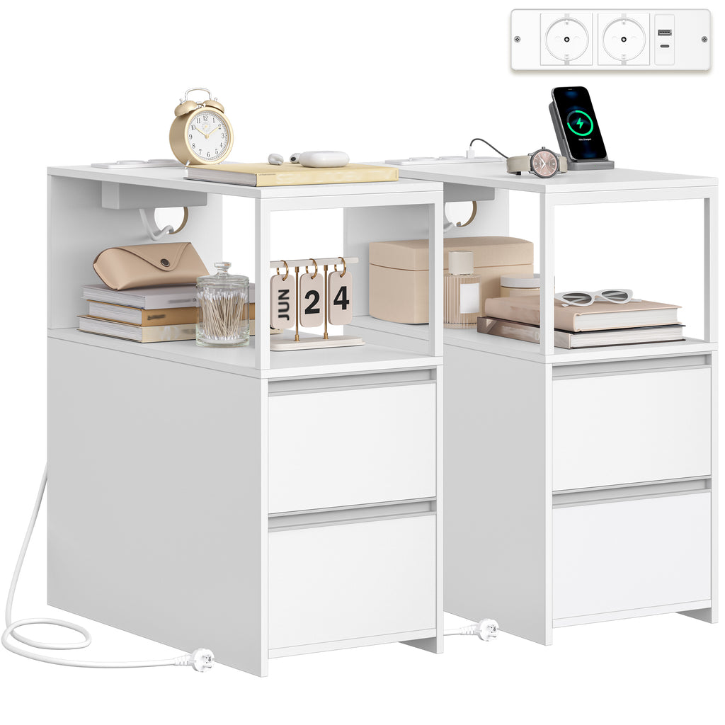 HEXCELEN Narrow Side Table, Set of 2, Nightstand, Narrow Nightstand with 2 Drawers and Open Compartment, Sofa Table, for Small Spaces, Living Room, Bedroom, Modern, 60 x 30 x 65 cm, White 326203W