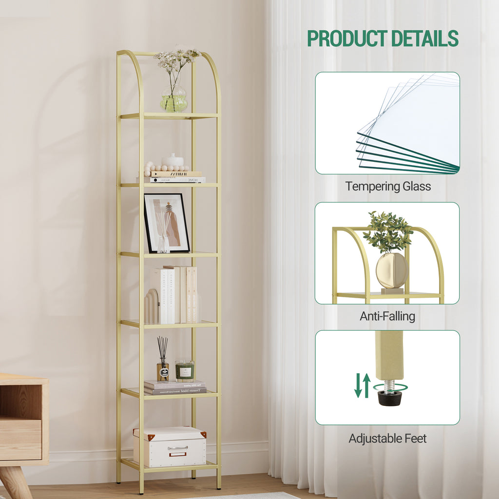 Hzuaneri 6 Tier Bookcase Bookshelf, Tempered Glass Bookshelves, Slim Shelving Unit for Bedroom, Bathroom, Home Office, Steel Frame, Gold, BC20699G