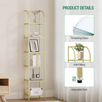 Hzuaneri 6 Tier Bookcase Bookshelf, Tempered Glass Bookshelves, Slim Shelving Unit for Bedroom, Bathroom, Home Office, Steel Frame, Gold, BC20699G