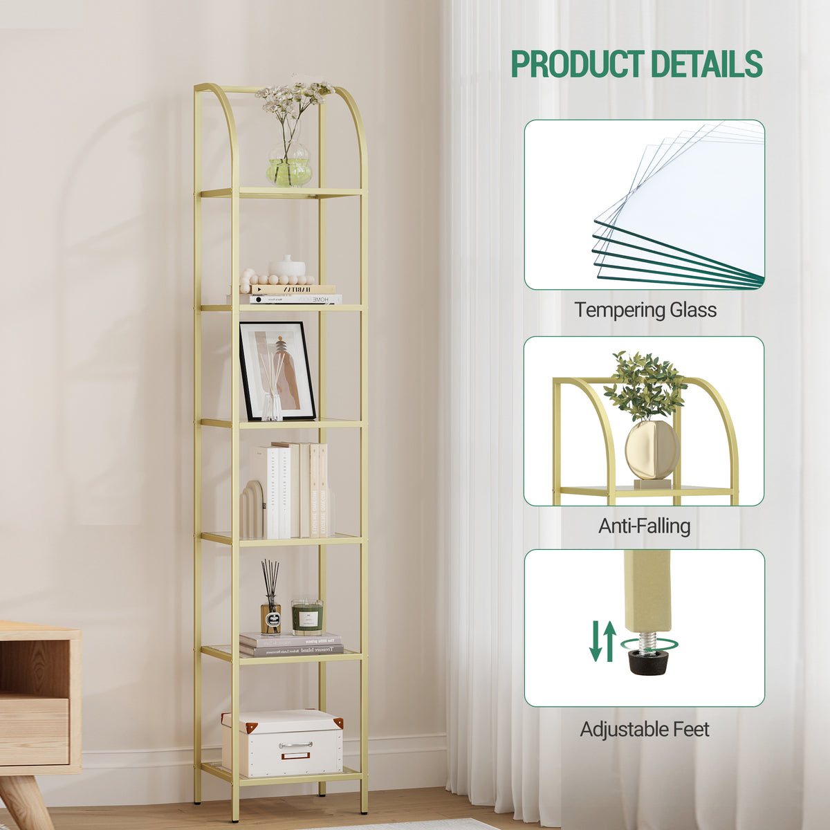 Hzuaneri 6 Tier Bookcase Bookshelf, Tempered Glass Bookshelves, Slim Shelving Unit for Bedroom, Bathroom, Home Office, Steel Frame, Gold, BC20699G