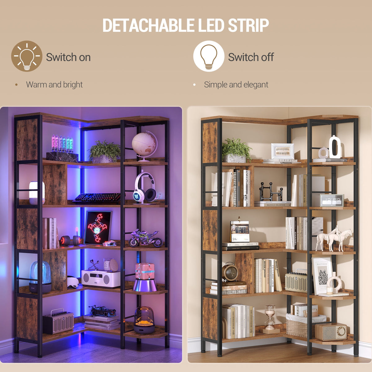 Hzuaneri 5-Tier Corner Bookshelf with LED Light, L-Shaped Bookcase with Metal Frame and Wooden Board, Industrial Bookcase with Display Shelf for Living Room Home Office, Rustic Brown