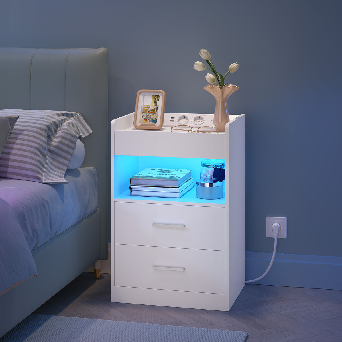Hzuaneri Bedside Table with Tray, Bedside Table with Charging Function & LED Lighting, 2 Drawers, Modern, for Bedroom, Living Room, 35 x 40 x 64 cm, White NS33503XEU Visit the Hzuaneri Store