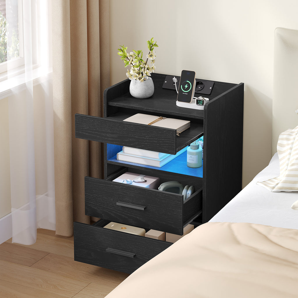 Hzuaneri Bedside Table Set of 2, Side Tables with Hidden Compartment, Smart Nightstand & LED Lighting, 2 AC, 2 USB, for Bedroom, Living Room, 35 x 40 x 64 cm, Black NS33604X
