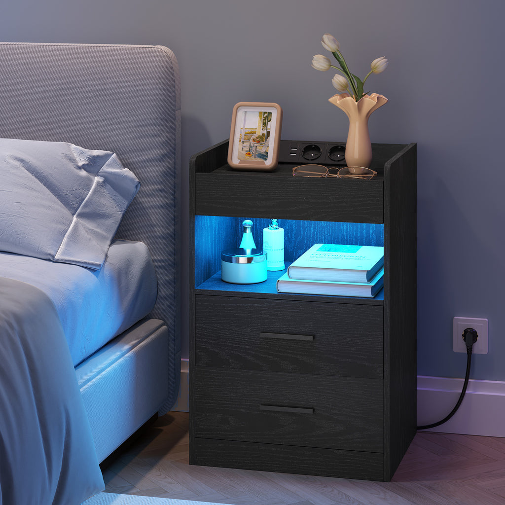 Hzuaneri Bedside Table Set of 2, Side Tables with Hidden Compartment, Smart Nightstand & LED Lighting, 2 AC, 2 USB, for Bedroom, Living Room, 35 x 40 x 64 cm, Black NS33604X