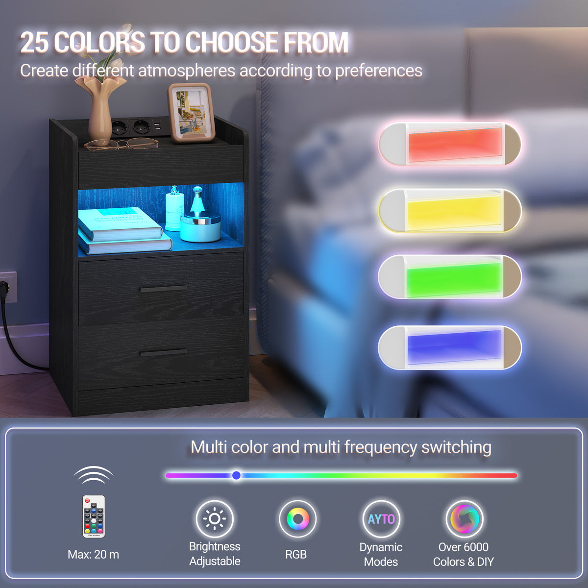 Hzuaneri Bedside Table Set of 2, Side Tables with Hidden Compartment, Smart Nightstand & LED Lighting, 2 AC, 2 USB, for Bedroom, Living Room, 35 x 40 x 64 cm, Black NS33604X