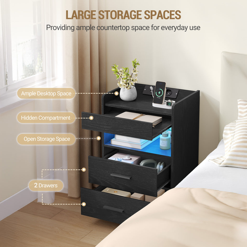 Hzuaneri Bedside Table Set of 2, Side Tables with Hidden Compartment, Smart Nightstand & LED Lighting, 2 AC, 2 USB, for Bedroom, Living Room, 35 x 40 x 64 cm, Black NS33604X
