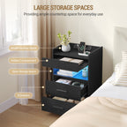 Hzuaneri Bedside Table Set of 2, Side Tables with Hidden Compartment, Smart Nightstand & LED Lighting, 2 AC, 2 USB, for Bedroom, Living Room, 35 x 40 x 64 cm, Black NS33604X