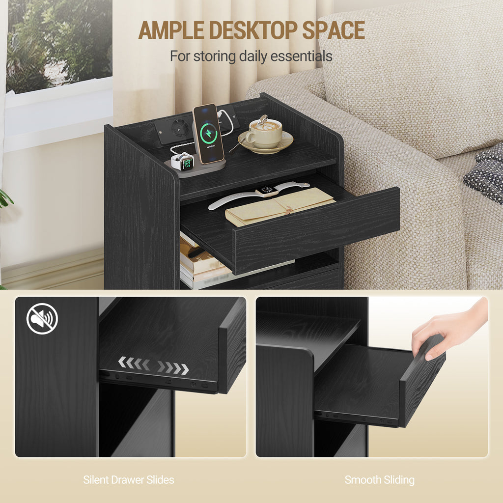 Hzuaneri Bedside Table Set of 2, Side Tables with Hidden Compartment, Smart Nightstand & LED Lighting, 2 AC, 2 USB, for Bedroom, Living Room, 35 x 40 x 64 cm, Black NS33604X