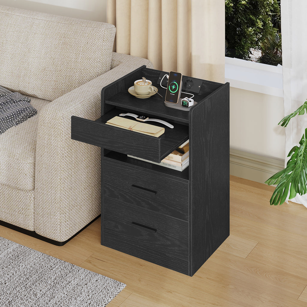 Hzuaneri Bedside Table Set of 2, Side Tables with Hidden Compartment, Smart Nightstand & LED Lighting, 2 AC, 2 USB, for Bedroom, Living Room, 35 x 40 x 64 cm, Black NS33604X