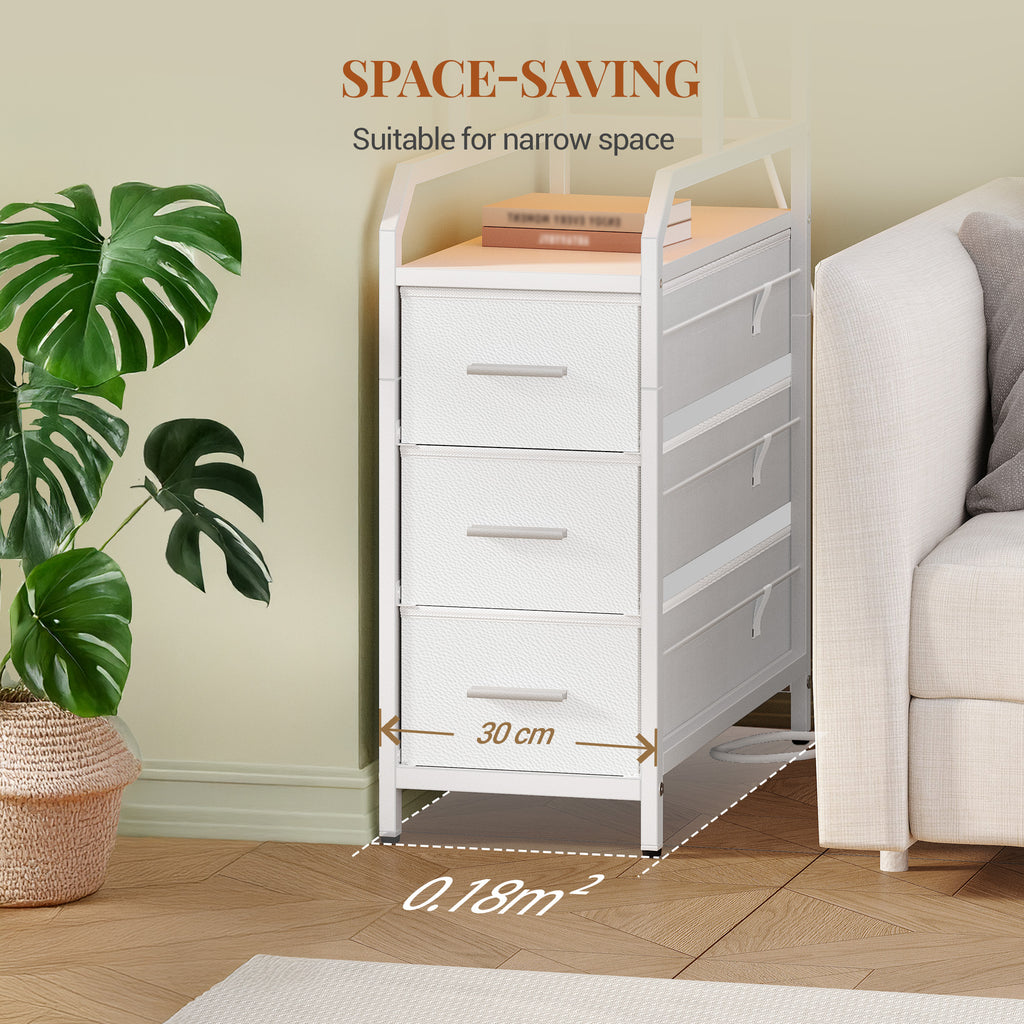 HEXCELEN Side Table, Narrow Nightstand, Bedside Table with 3 Drawers and 1 Open Compartment, Sofa Table, for Bedroom, Living Room, 60 × 30 × 66.6 cm, Modern White 336103W