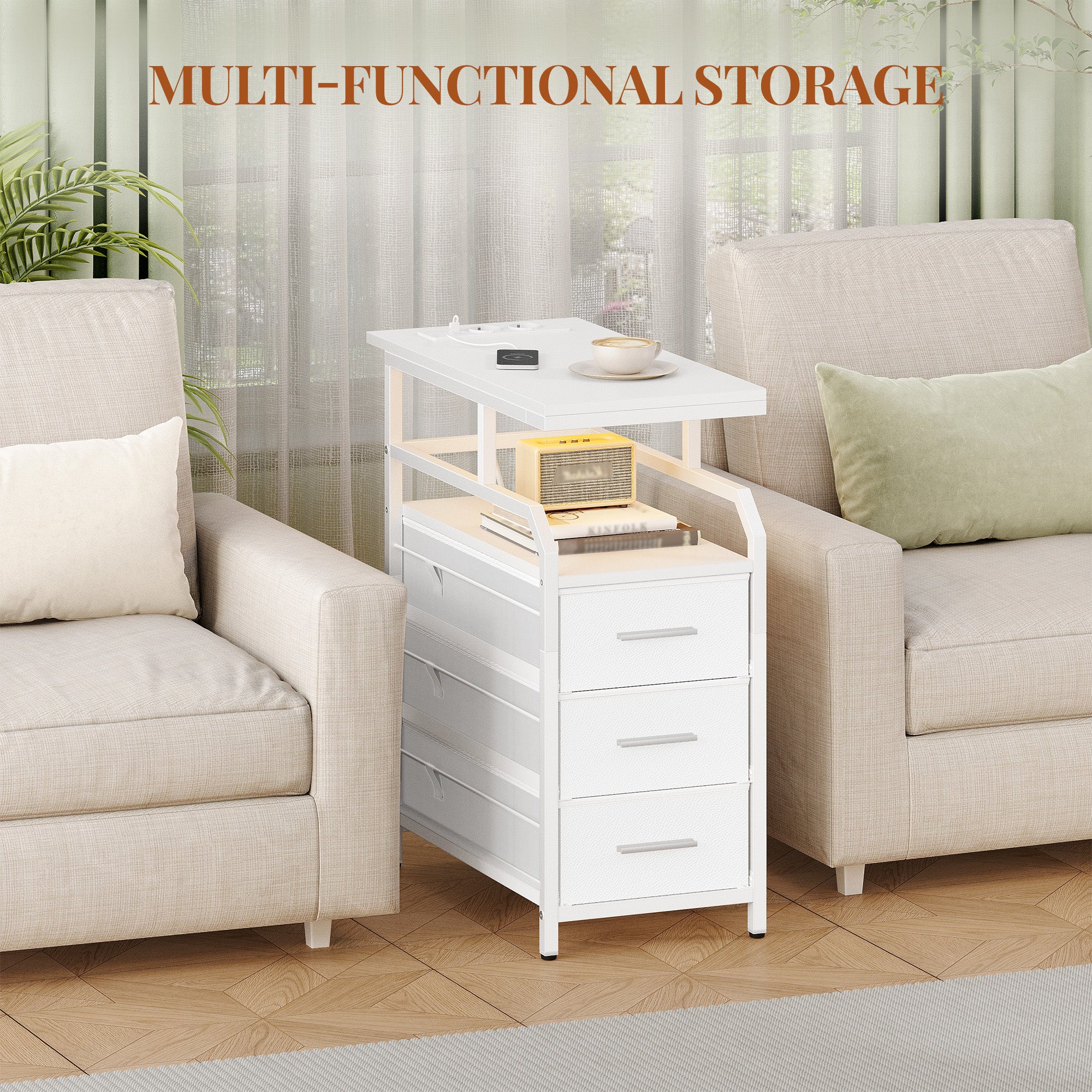 HEXCELEN Side Table, Narrow Nightstand, Bedside Table with 3 Drawers and 1 Open Compartment, Sofa Table, for Bedroom, Living Room, 60 × 30 × 66.6 cm, Modern White 336103W