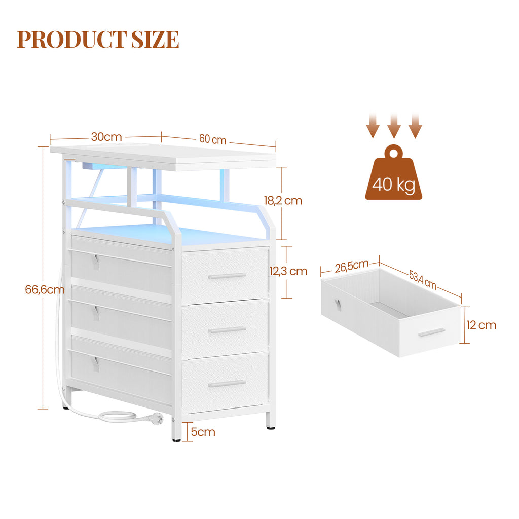 HEXCELEN Side Table, Narrow Nightstand, Bedside Table with 3 Drawers and 1 Open Compartment, Sofa Table, for Bedroom, Living Room, 60 × 30 × 66.6 cm, Modern White 336103W