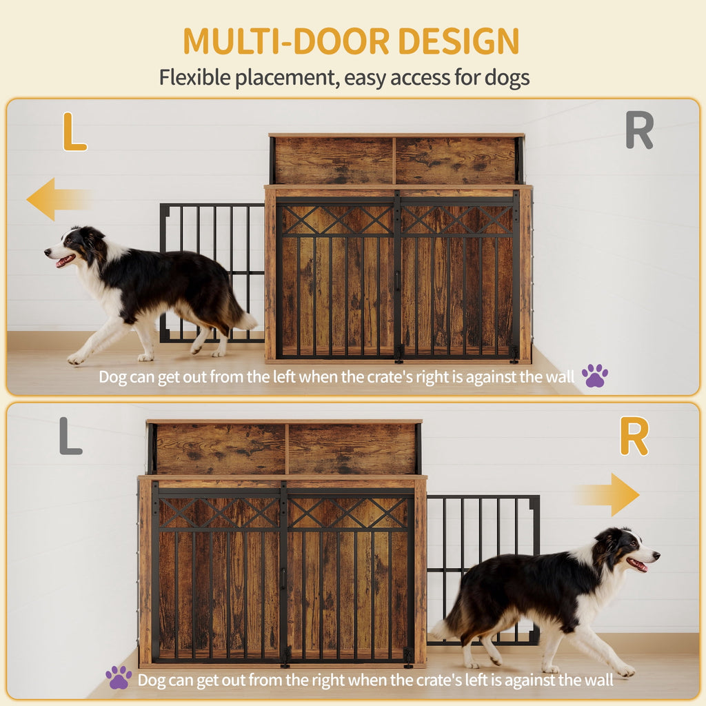 39.4" Large wooden dog crate, Indoor Dog Kennel with Barn Door for Medium/Large Dogs, 3 Doors dog Crate Furniture with Storage, Rustic Brown