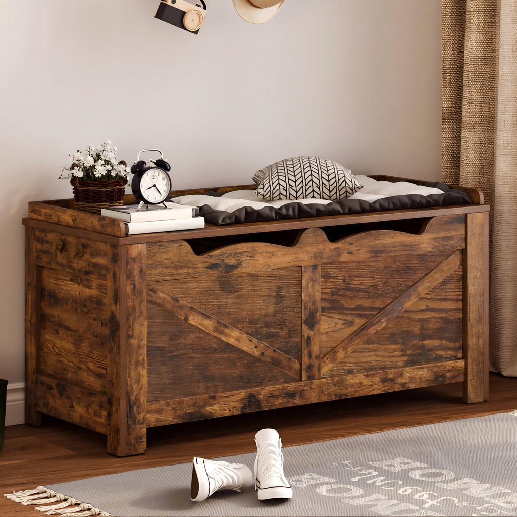 39.4 Inches Storage Chest, Storage Bench with Safety Hinge, Supports 330 lb and Easy Assembly, 50 Gal Toy Trunk for Entryway, Bedroom, Living Room, Rustic Brown