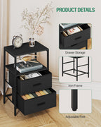 HEXCELEN Bedside Table Set of 2 with 2 Fabric Drawers & Shelf, Nightstand for Bedroom and Living Room, Black