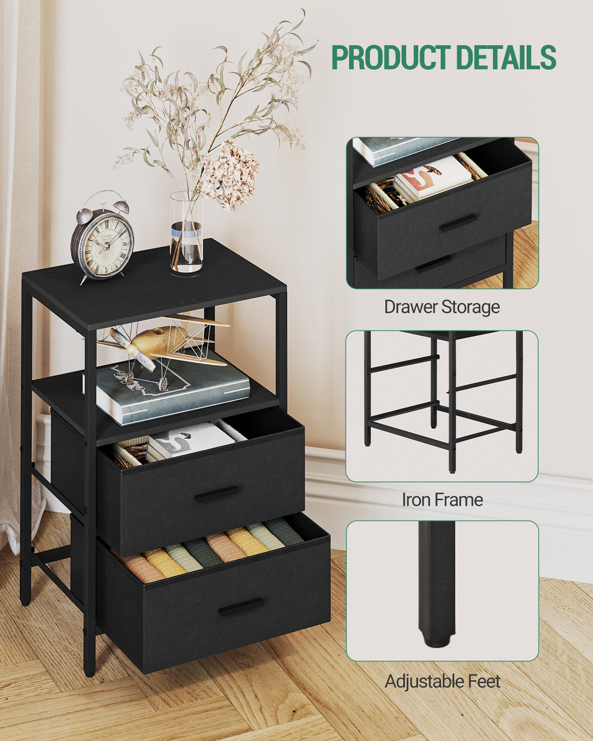 HEXCELEN Bedside Table Set of 2 with 2 Fabric Drawers & Shelf, Nightstand for Bedroom and Living Room, Black