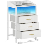 HEXCELEN Bedside Table with LED Lights & Charging Station, 3 Fabric Drawers, USB Ports & Power Outlets, White