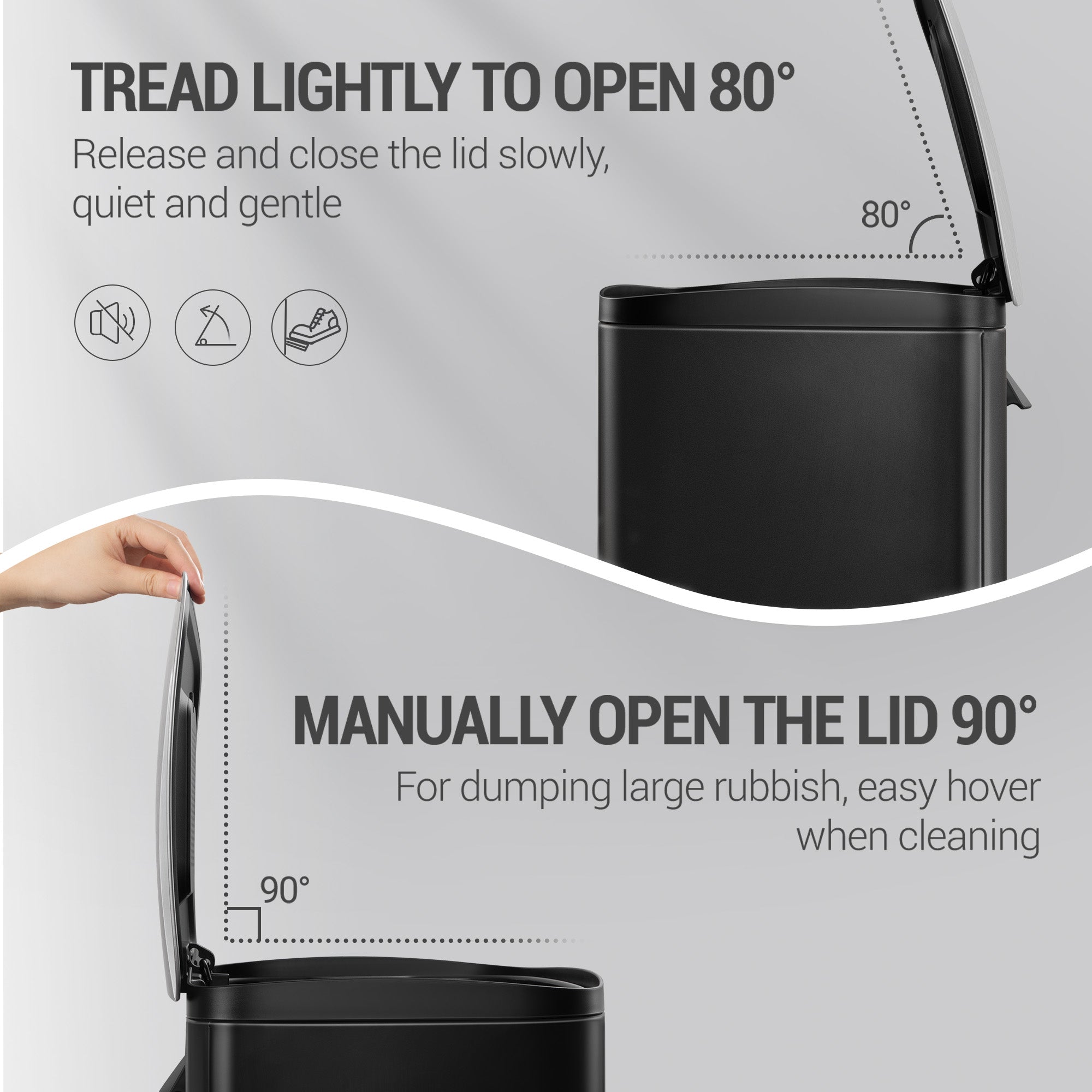 Hzuaneri 50L Trash Can, Kitchen Waste Bin with Pedal, Stainless Steel, Separate Inner Barrel, 15 Bags, Black SW15099B