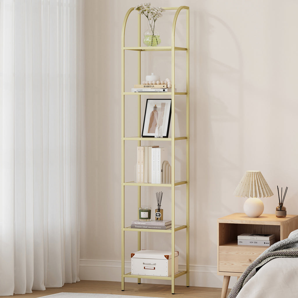 Hzuaneri 6 Tier Bookcase Bookshelf, Tempered Glass Bookshelves, Slim Shelving Unit for Bedroom, Bathroom, Home Office, Steel Frame, Gold, BC20699G