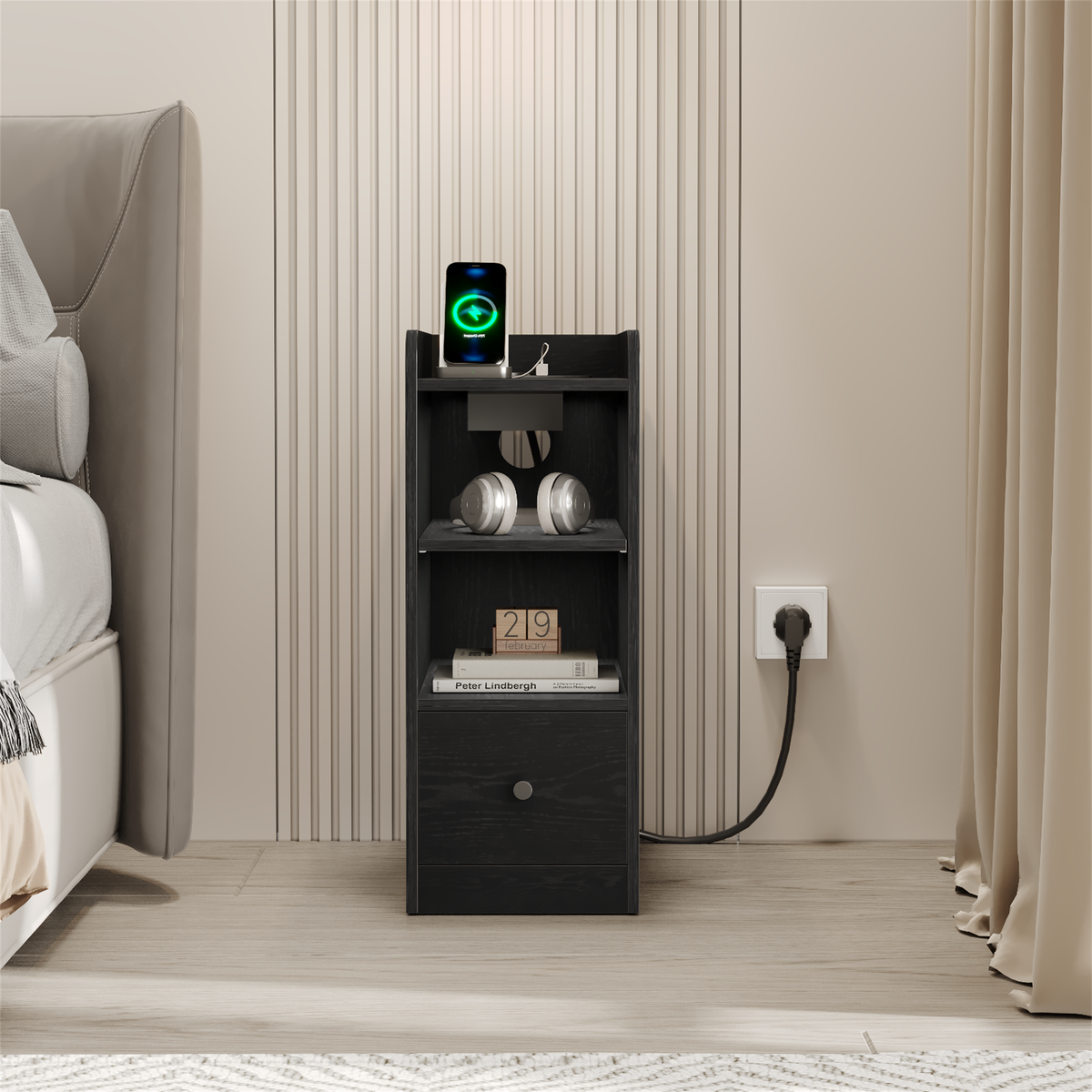 Hzuaneri Nightstands with Charging Station, USB & Type-C Ports, Narrow Side Tables, 3-Tier Storage Space with 1 Drawer—For Bedroom & Living Room, Black NS36404X