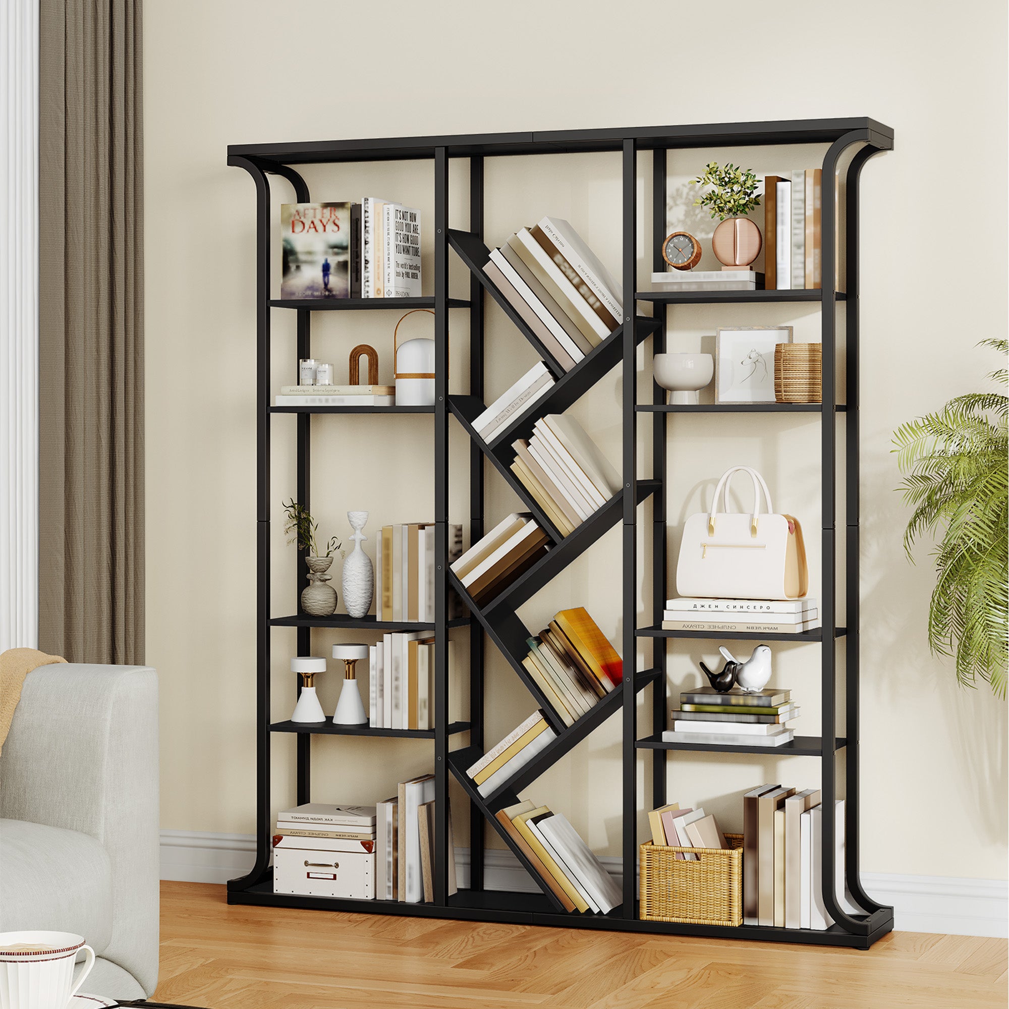 Hzuaneri Bookshelf, 3 Columns, 6 Tier Tree-Shaped Bookcase, 17 Open Independent Shelves, for Home Office, Bedroom, Living Room, 24 x 156 x 180 cm, Black BC53204B