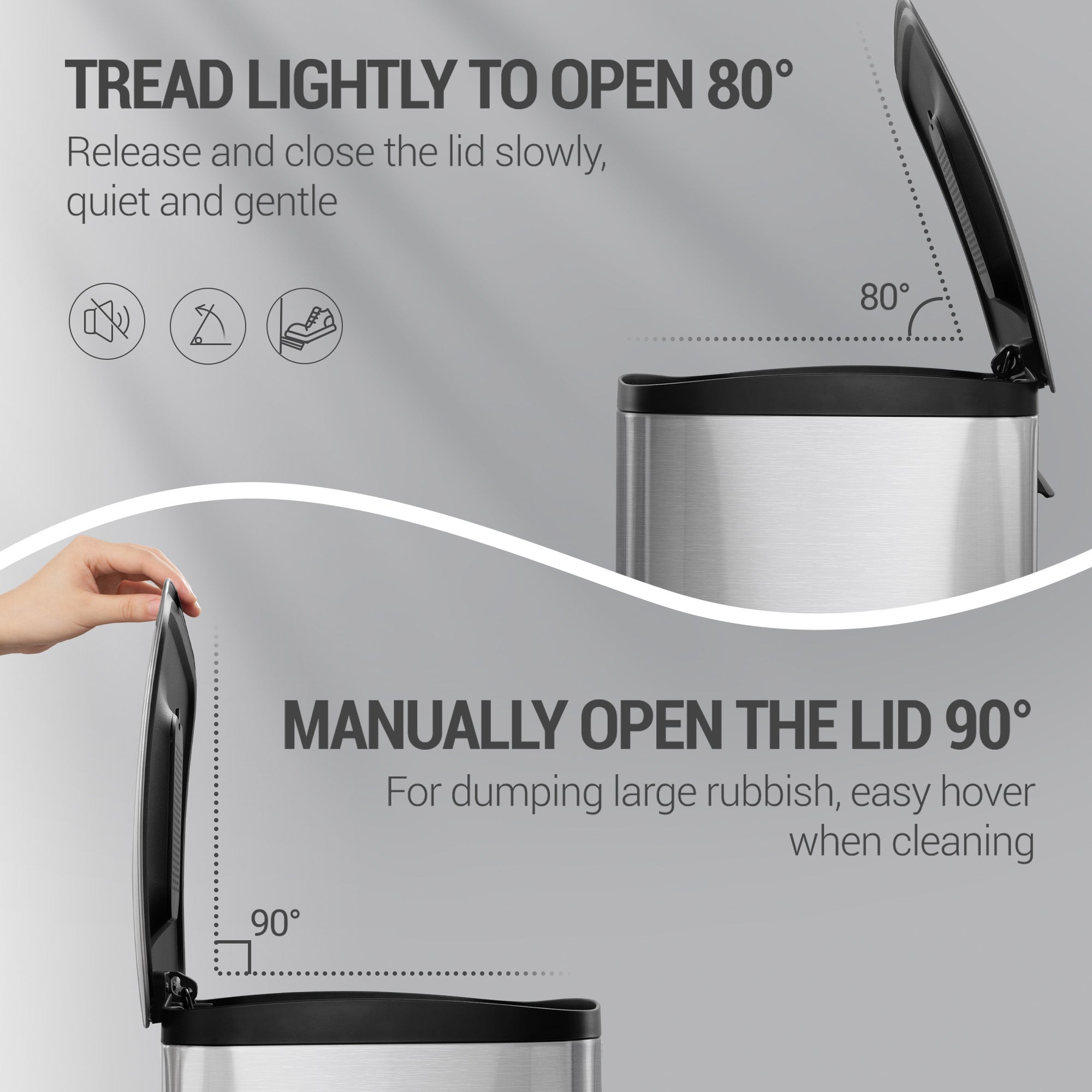 Hzuaneri 50L Kitchen Bin, Steel Pedal Bin with Soft-Close Lid, Inner Bucket, with 15 Bin Bags, Soft Close and Stay Open, Silver SW15099E
