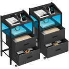 Hzuaneri Bedside Table Set of 2 with LED Lights & Charging Station, USB Ports & Outlets, Black