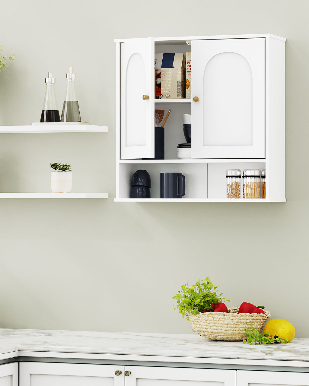 Hzuaneri  Wall Cabinet Bathroom Cabinet for Toilet and Over Sink with 2 Doors, Open Space and Adjustable Shelves Medicine Cabinet White with Wood Grain BC40113X
