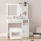 HEXCELEN Dressing Table with LED Lights Mirror, Adjustable Brightness, 2 Drawers & Cabinet, White