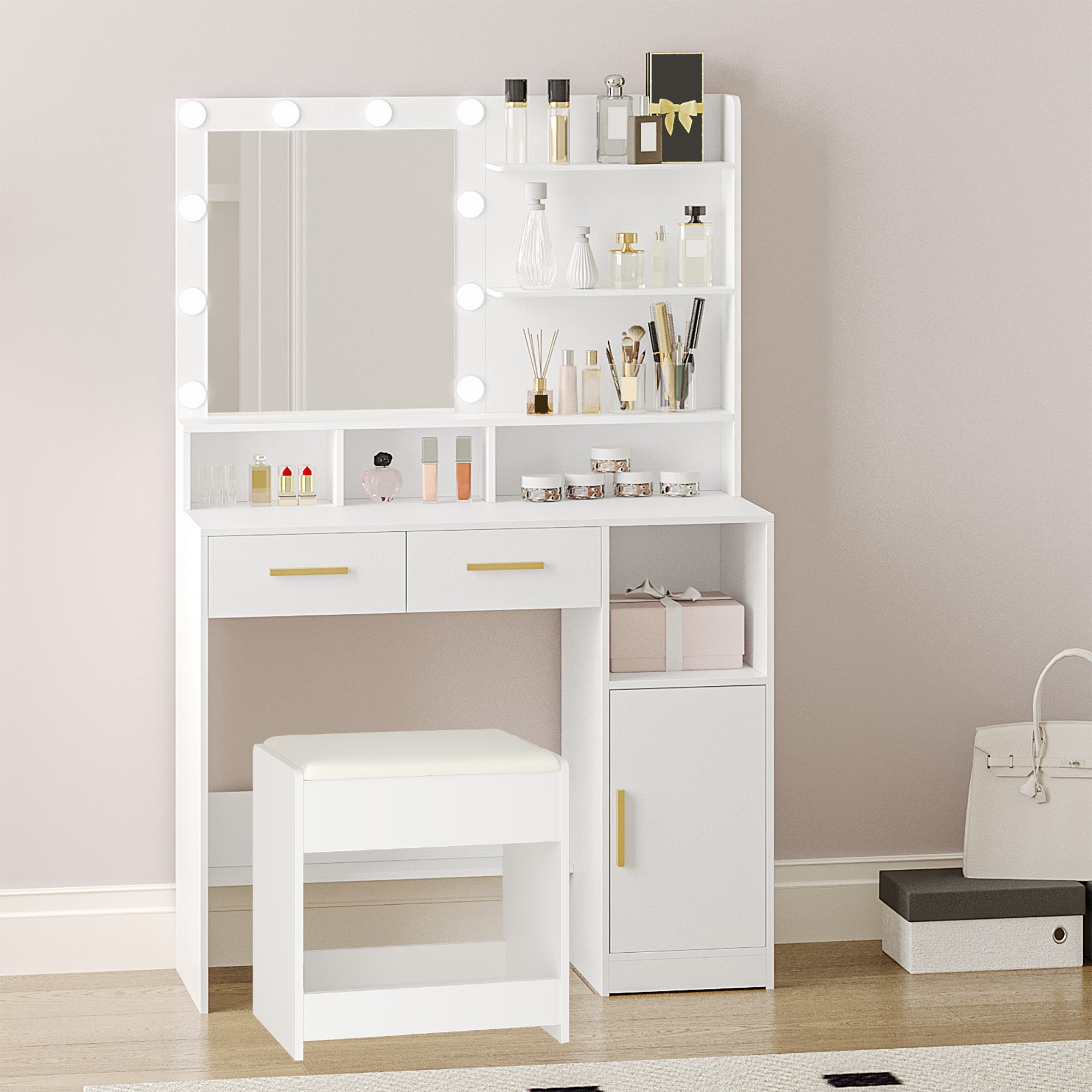 HEXCELEN Dressing Table with LED Lights Mirror, Adjustable Brightness, 2 Drawers & Cabinet, White