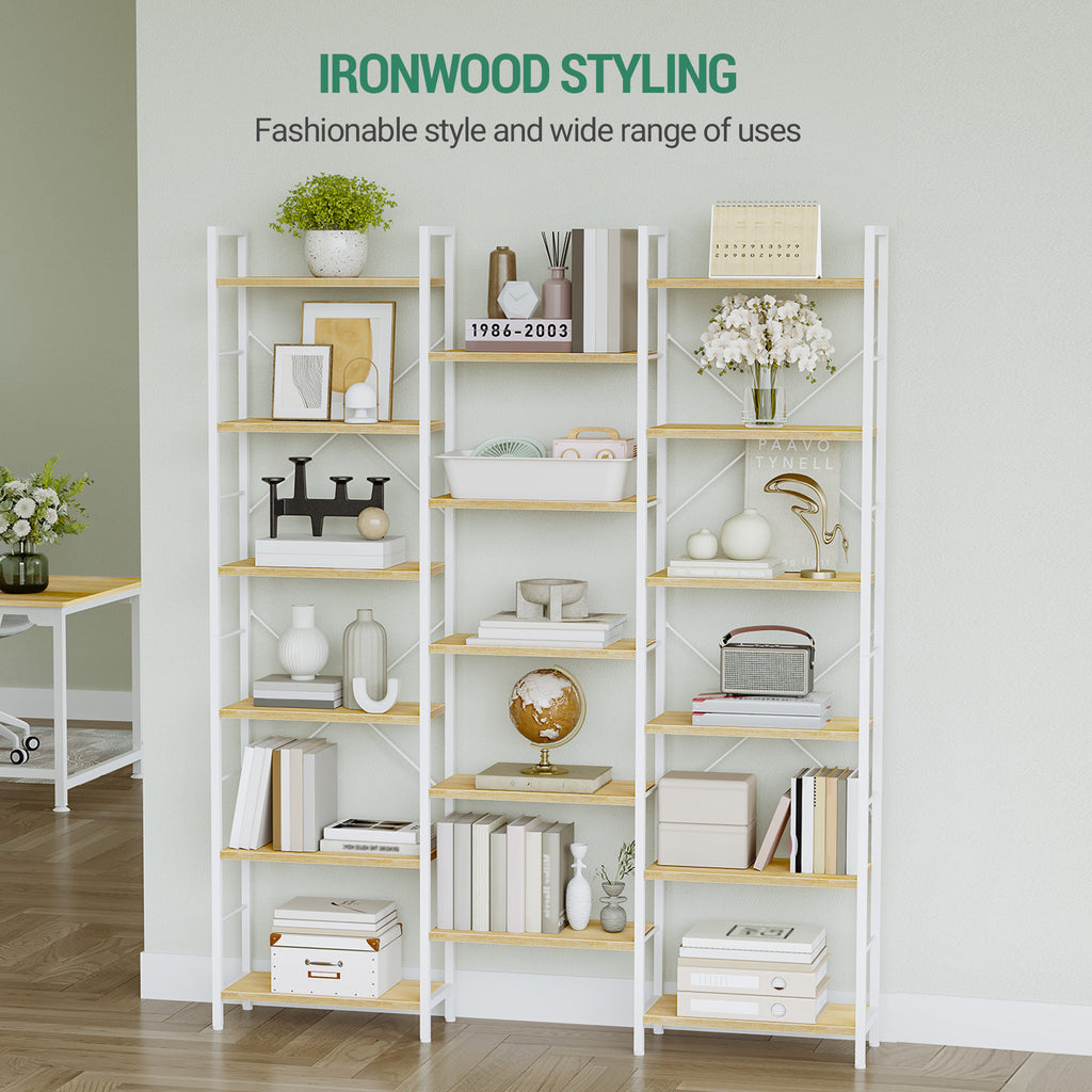 Hzuaneri 6-Tier Shelf Unit, Stem-Style Bookshelf with 17 Shelves, Adjustable Spacing, 24 × 152 × 186 cm, Metal Frame, for Living Room, Bedroom, Office, White Oak and White BC10116W