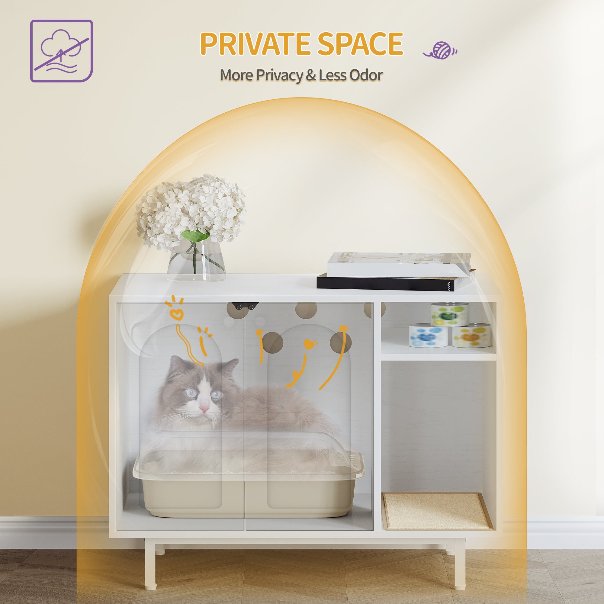 Hzuaneri Cat Litter Box Enclosure, Hidden Litter Box Furniture with Scratching Mat, Wooden Pet House Side End Table, Tall Legs, Double Doors, 80 x 50 x 61 cm, White CB01513W