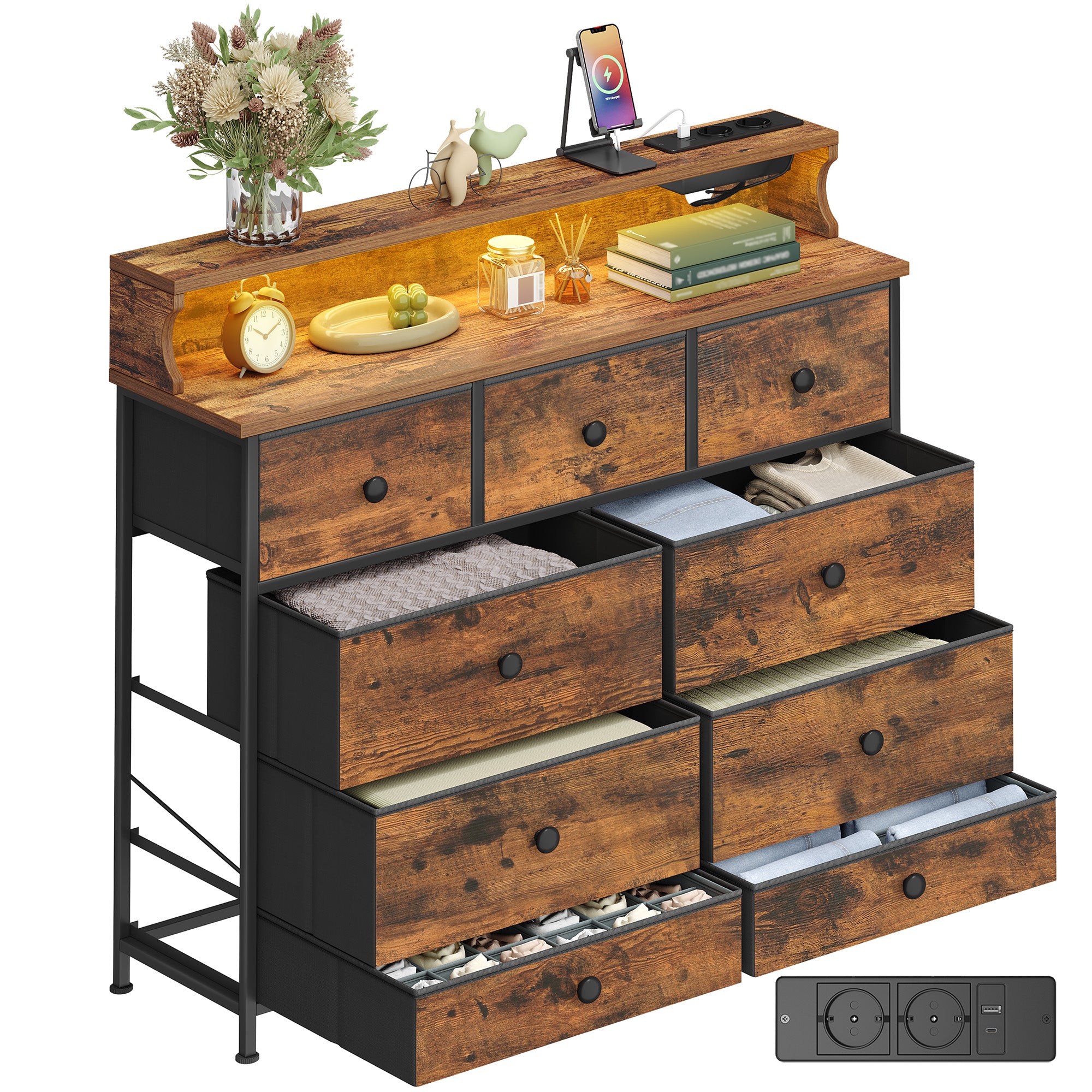 Hzuaneri Chest of Drawers, 9 Drawers, LED Light Strip, 2 USB & 2 AC Ports, Versatile Storage Furniture for Living Room and Bedroom, 30 x 100 x 95 cm, Vintage Brown DU02901B