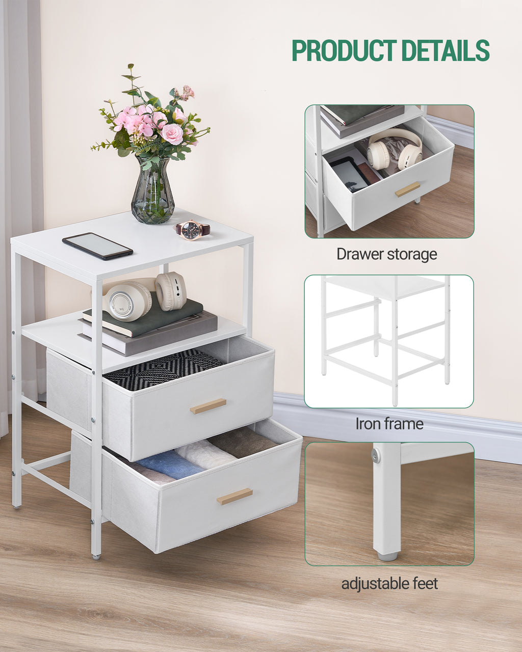 HEXCELEN Bedside Table Set of 2 with 2 Fabric Drawers & Shelf, Nightstand for Bedroom and Living Room, White