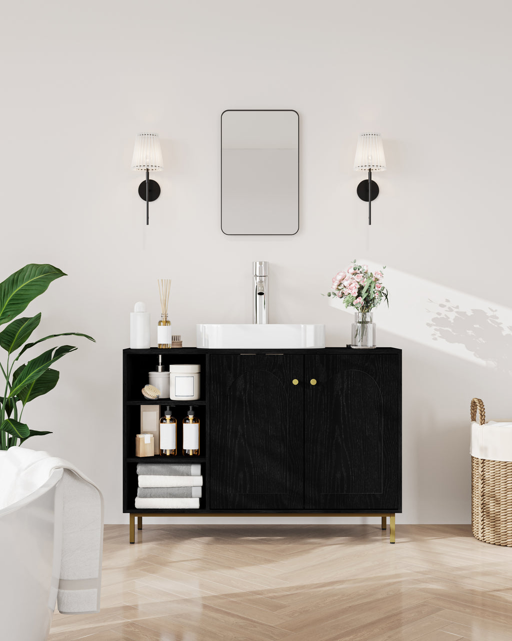 Hzuaneri Vanity Unit, Base Cabinet, Washbasin Cabinet, Bathroom Cabinet with 2 Doors, Adjustable Shelf, Ample Storage Space, Modern Style, 30 x 90 x 63 cm, Black BC09804G