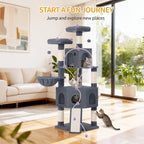 Hzuaneri Cat Tree for Indoor Cats, 174cm Cat Tower for Large Cats, 2 Platforms, 2 Caves, 4 Sisal Posts, Scratching Board, Cat Basket, Sisal Rope, Heavy-Duty for multiple cats, Dark Grey MS17418SG