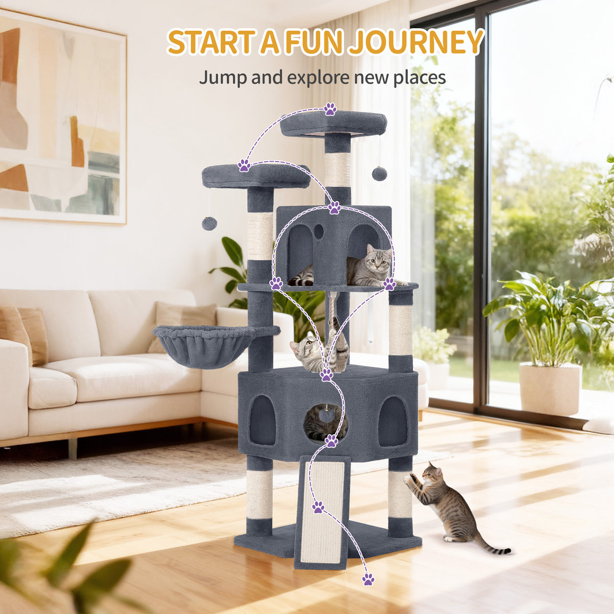 Hzuaneri Cat Tree for Indoor Cats, 174cm Cat Tower for Large Cats, 2 Platforms, 2 Caves, 4 Sisal Posts, Scratching Board, Cat Basket, Sisal Rope, Heavy-Duty for multiple cats, Dark Grey MS17418SG