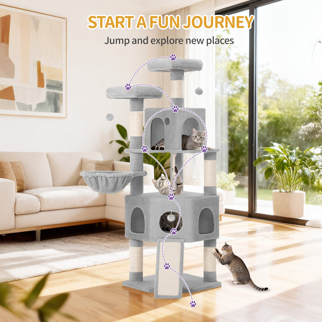 Hzuaneri Cat Tree for Indoor Cats, 174cm Cat Tower for Large Cats, 2 Platforms, 2 Caves, 4 Sisal Posts, Scratching Board, Cat Basket, Sisal Rope, Heavy-Duty for multiple cats, Light Grey MS17418LG