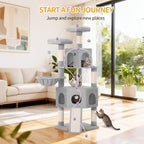 Hzuaneri Cat Tree for Indoor Cats, 174cm Cat Tower for Large Cats, 2 Platforms, 2 Caves, 4 Sisal Posts, Scratching Board, Cat Basket, Sisal Rope, Heavy-Duty for multiple cats, Light Grey MS17418LG