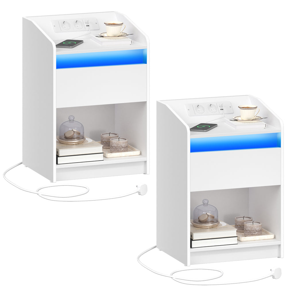 Hzuaneri Bedside Table with LED Light & Charging Station, 2 USB Ports & Outlets, Storage Drawer