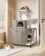 4-in-1 Cat Litter Box Enclosure Cat Tree, Platform, Scratcher, Stairs,Greige with Platform, Scratching Posts, Washable Removable Cushion, Greige