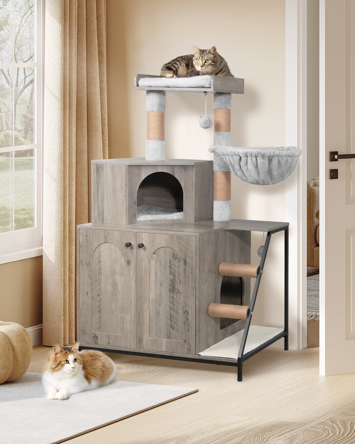4-in-1 Cat Litter Box Enclosure Cat Tree, Platform, Scratcher, Stairs,Greige with Platform, Scratching Posts, Washable Removable Cushion, Greige