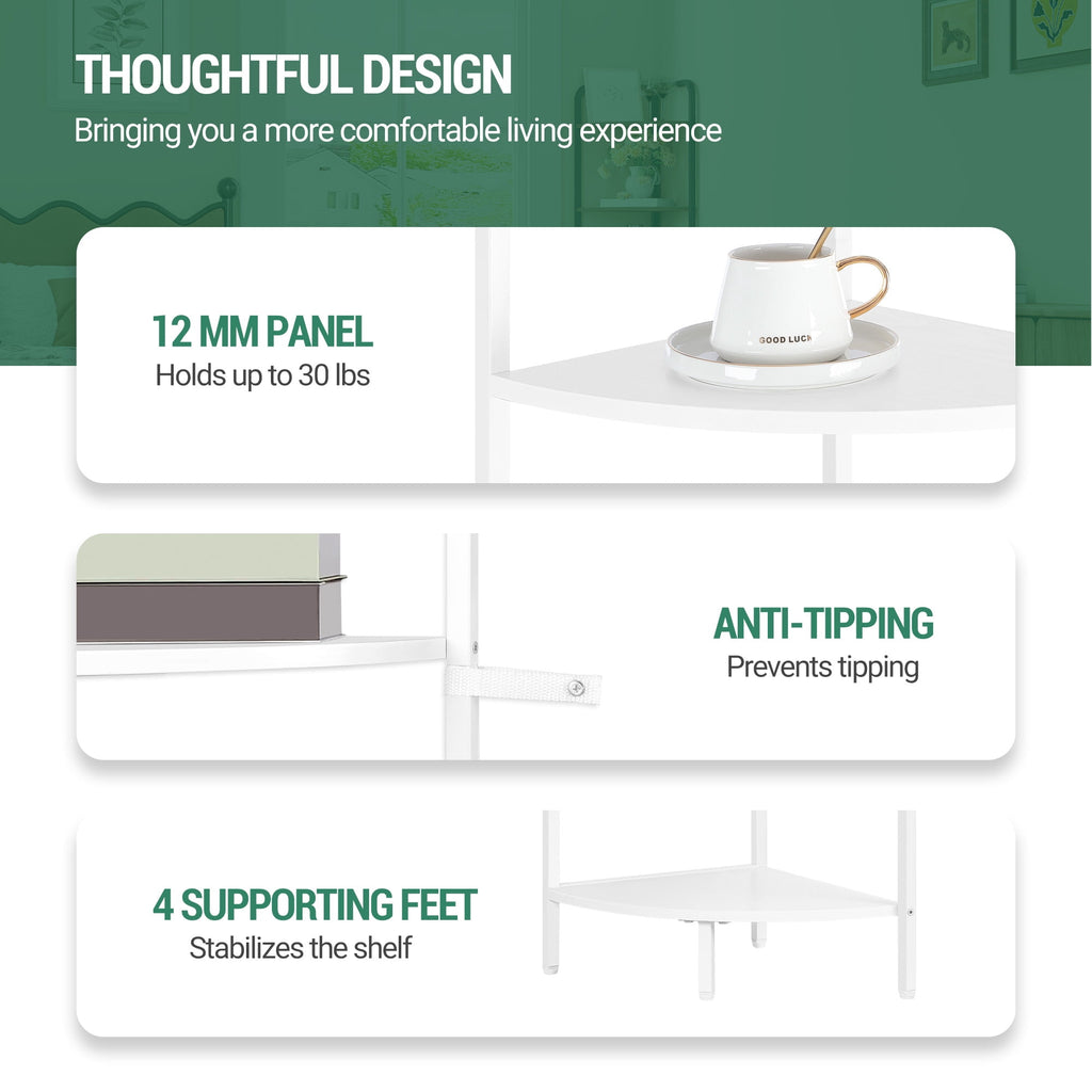 Corner Shelf Stand 6-Tier with Metal Frame, Industrial Corner Bookshelf Plant Shelf for Living Room Bathroom Kitchen, White