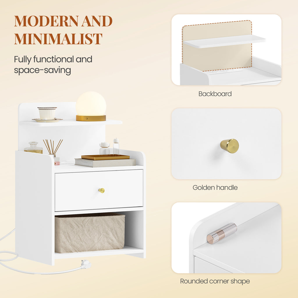 HEXCELEN Nightstand Set of 2, Side Table with 1 Drawer and 2 Open Compartments, Bedside Table, Sofa Table, Space-Saving, for Bedroom, Living Room, Modern, White 411203X