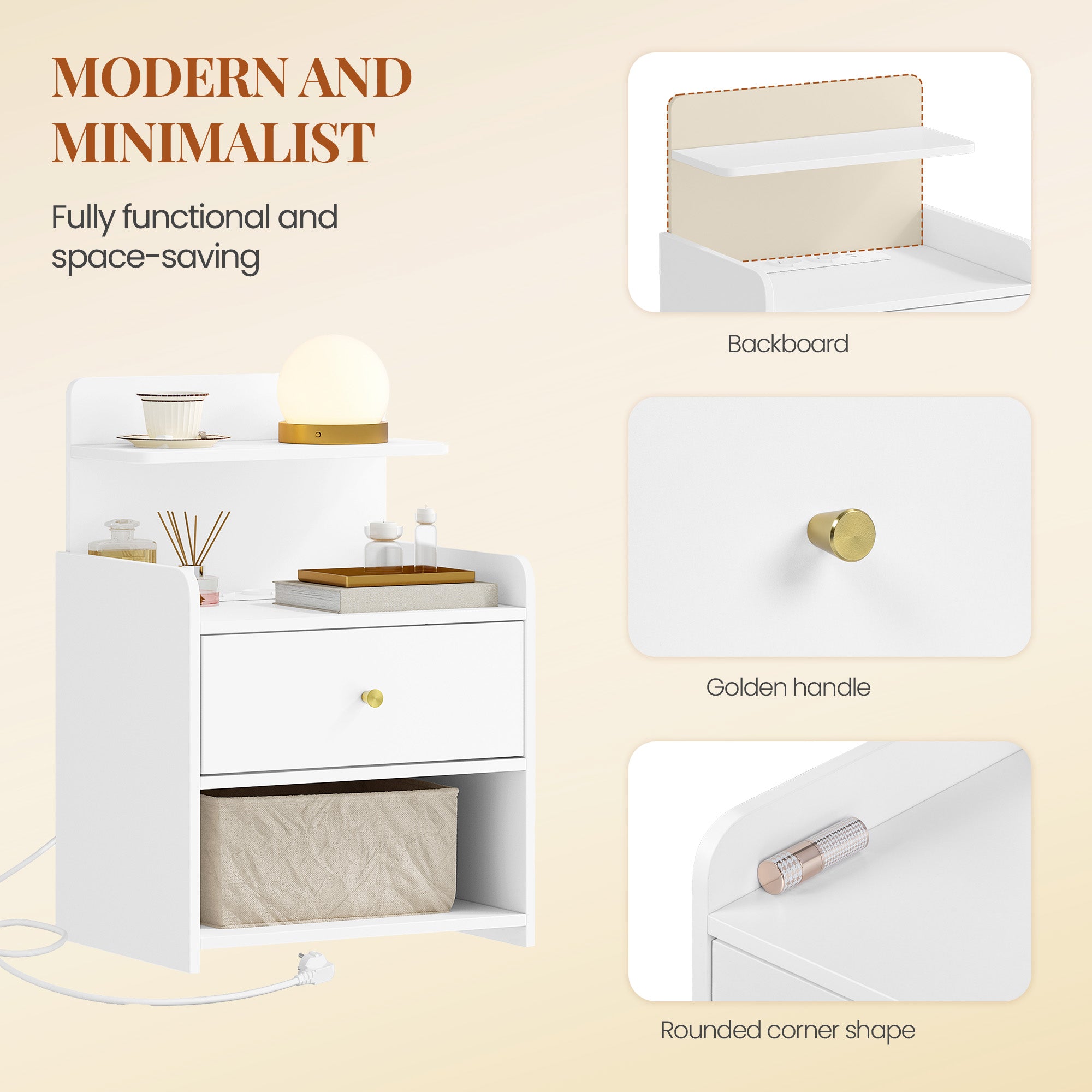 HEXCELEN Nightstand Set of 2, Side Table with 1 Drawer and 2 Open Compartments, Bedside Table, Sofa Table, Space-Saving, for Bedroom, Living Room, Modern, White 411203X