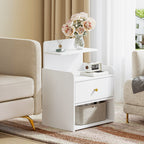 HEXCELEN Nightstand Set of 2, Side Table with 1 Drawer and 2 Open Compartments, Bedside Table, Sofa Table, Space-Saving, for Bedroom, Living Room, Modern, White 411203X
