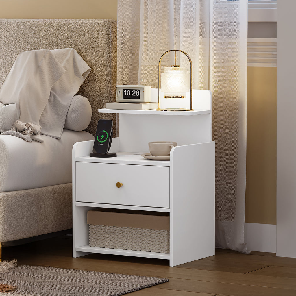 HEXCELEN Nightstand Set of 2, Side Table with 1 Drawer and 2 Open Compartments, Bedside Table, Sofa Table, Space-Saving, for Bedroom, Living Room, Modern, White 411203X