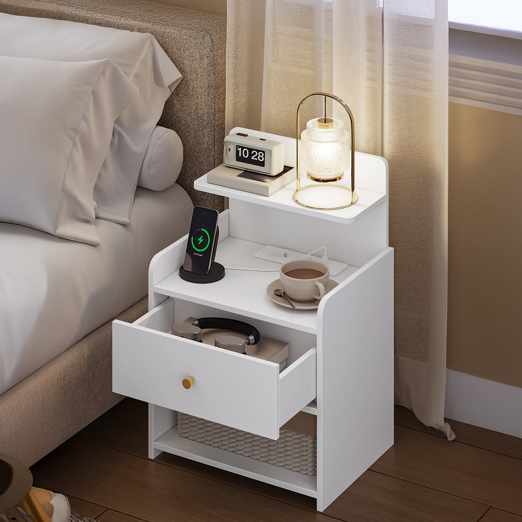 HEXCELEN Nightstand Set of 2, Side Table with 1 Drawer and 2 Open Compartments, Bedside Table, Sofa Table, Space-Saving, for Bedroom, Living Room, Modern, White 411203X