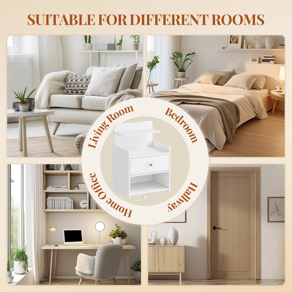 HEXCELEN Nightstand Set of 2, Side Table with 1 Drawer and 2 Open Compartments, Bedside Table, Sofa Table, Space-Saving, for Bedroom, Living Room, Modern, White 411203X