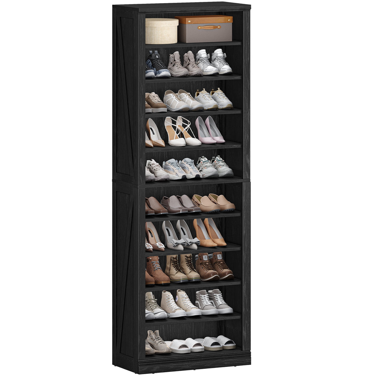 Hzuaneri Farmhouse Tall Shoe Cubby Organizer, 10‑Tier 71.3" H Freestanding Wooden Shoe Storage Rack, Holds 27‑30 Pairs, for Entryway & Living Room, Black